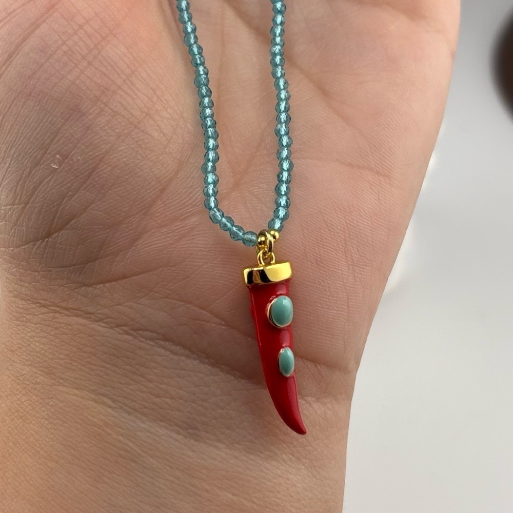 Turquoise Beaded Necklace with Red Horn Charm โจ - Picture 6 of 6